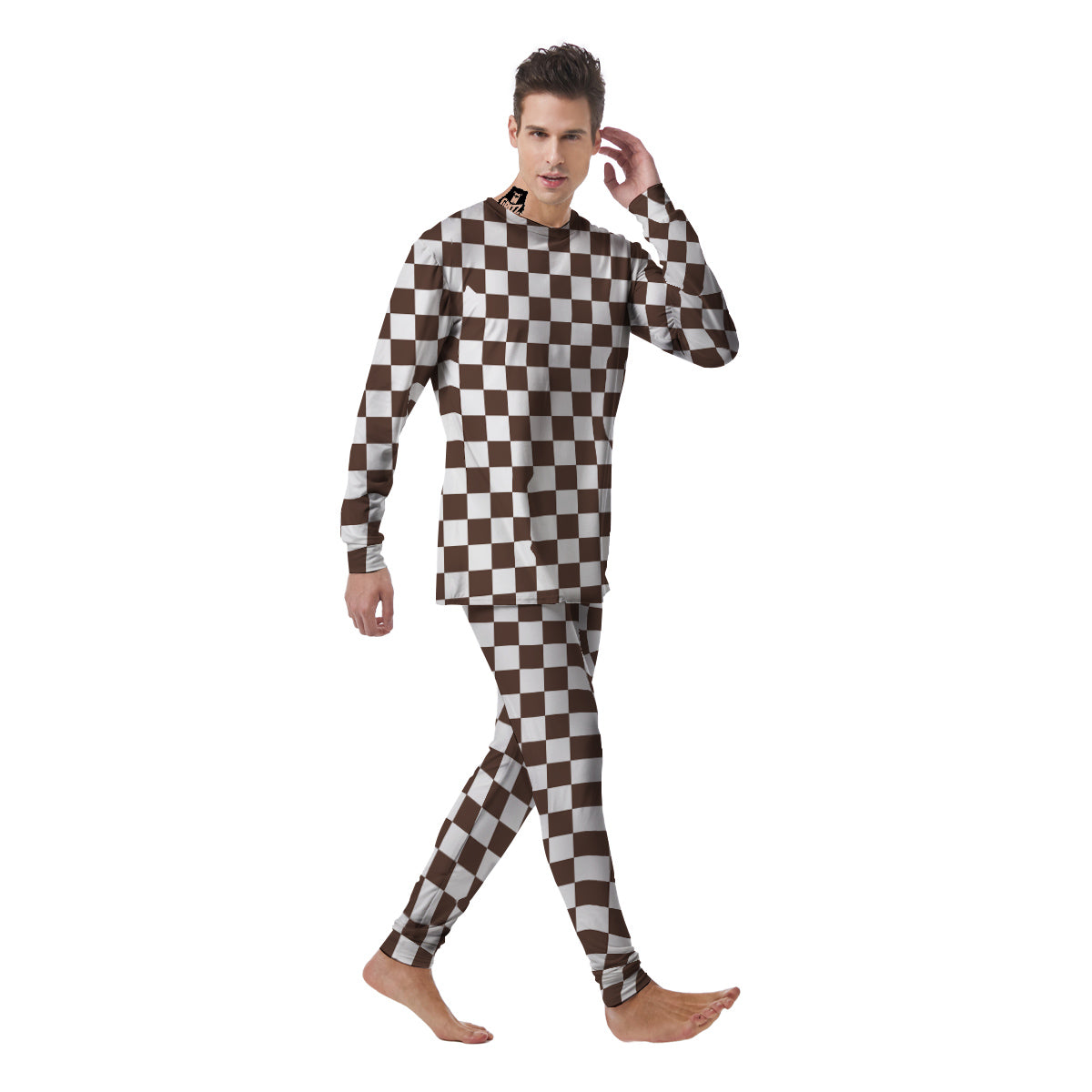 Brown Checkered Flag Print Men's Pajamas-grizzshop