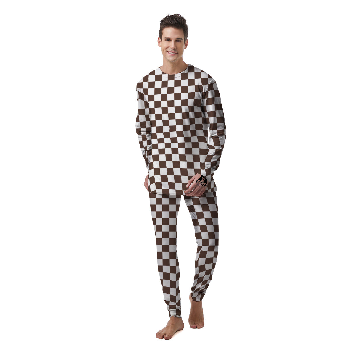 Brown Checkered Flag Print Men's Pajamas-grizzshop