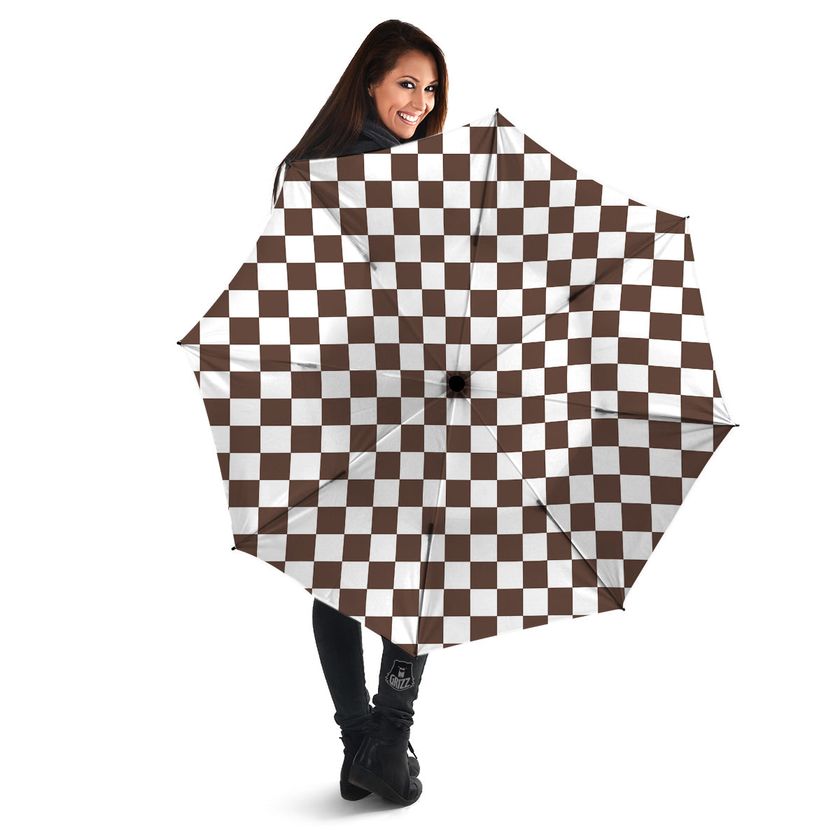 Brown Checkered Flag Print Umbrella-grizzshop