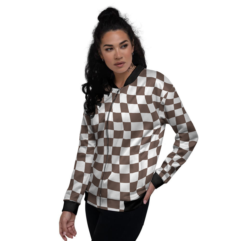 Brown Checkered Flag Print Women's Bomber Jacket-grizzshop