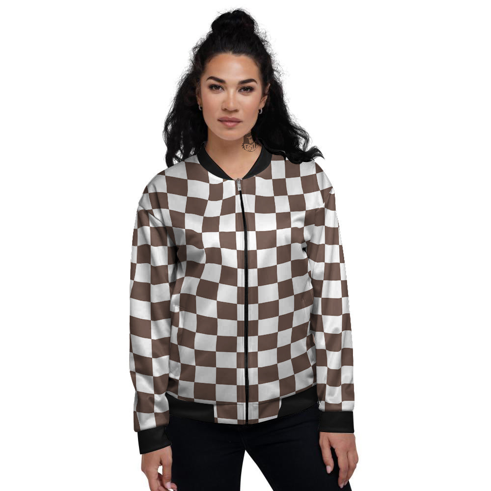 Brown Checkered Flag Print Women's Bomber Jacket-grizzshop