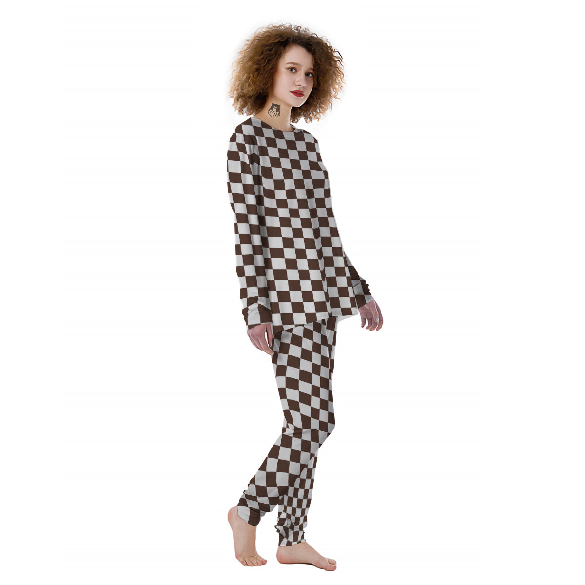 Brown Checkered Flag Print Women's Pajamas-grizzshop