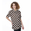 Brown Checkered Flag Print Women's Short Sleeve Shirts-grizzshop