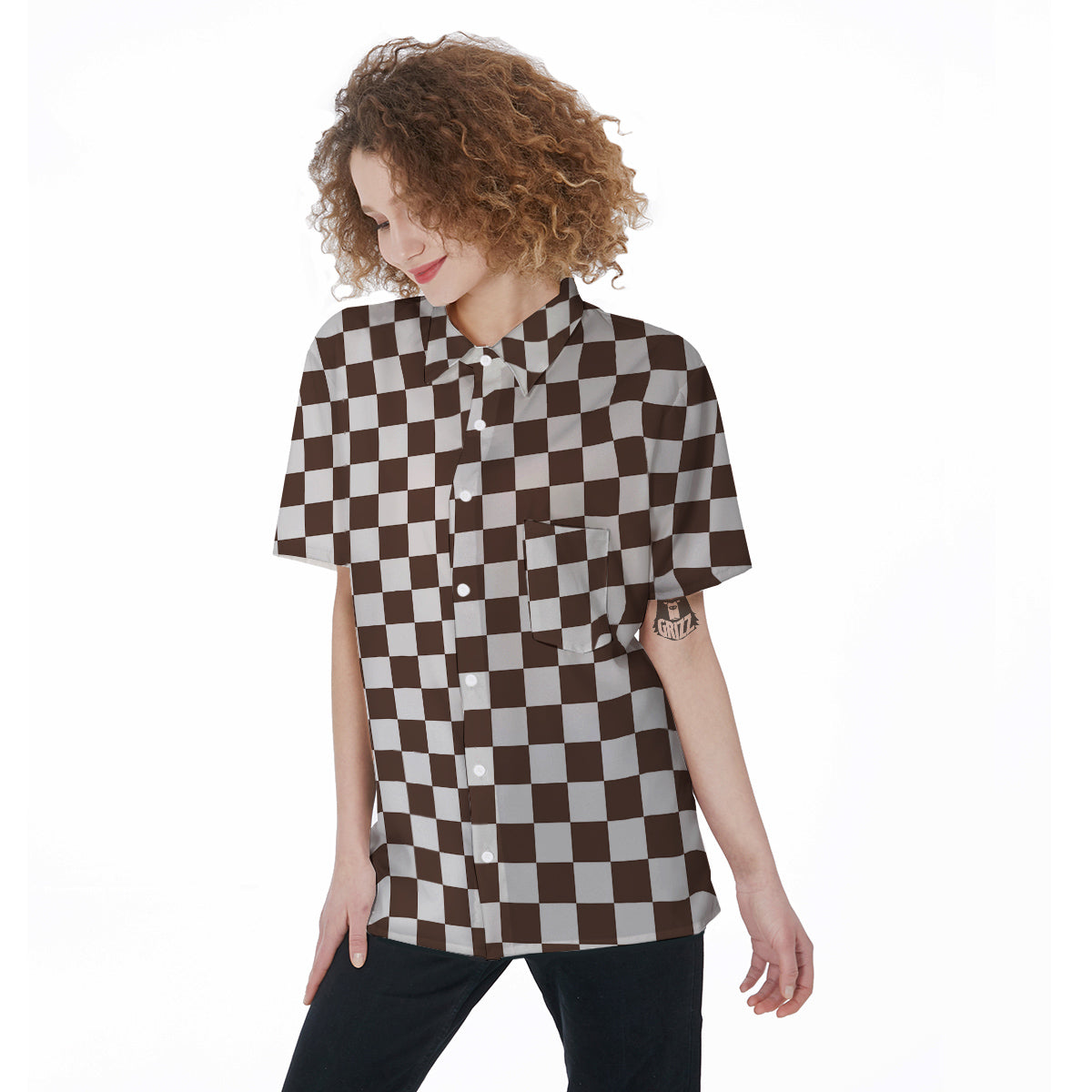 Brown Checkered Flag Print Women's Short Sleeve Shirts-grizzshop