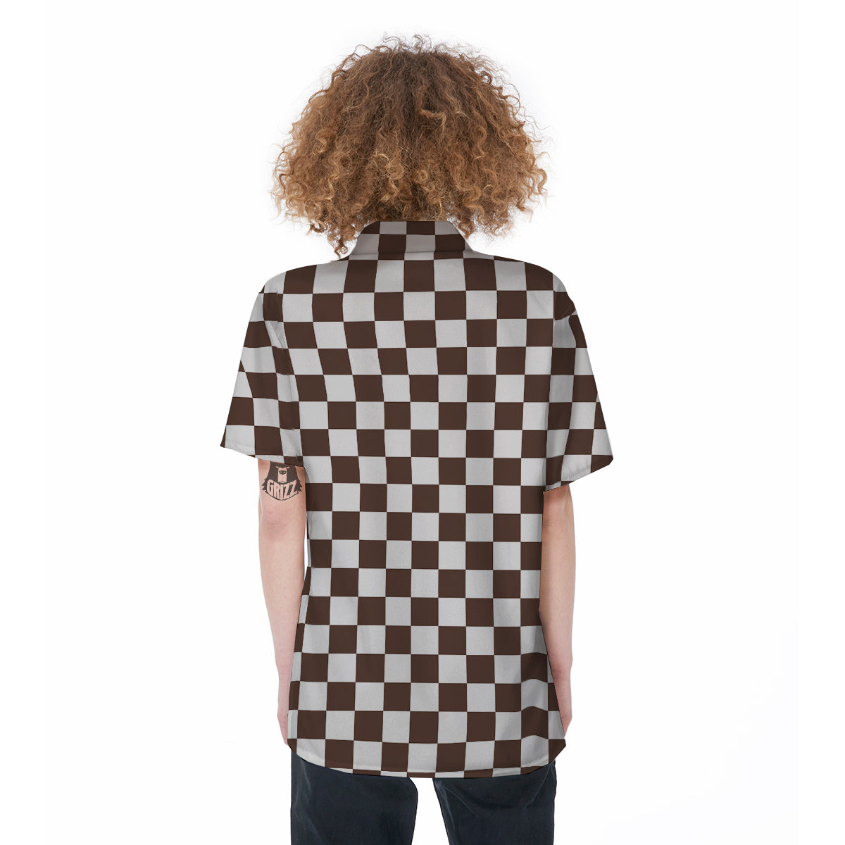 Brown Checkered Flag Print Women's Short Sleeve Shirts-grizzshop
