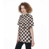 Brown Checkered Flag Print Women's Short Sleeve Shirts-grizzshop