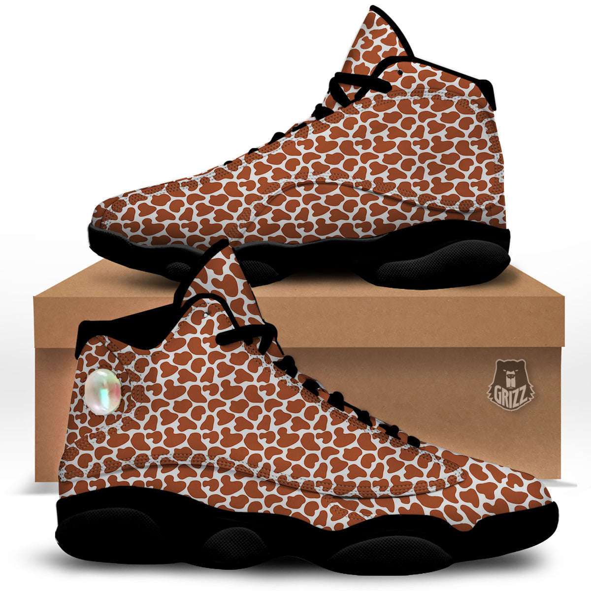 Brown Chocolate And White Cow Print Black Basketball Shoes-grizzshop