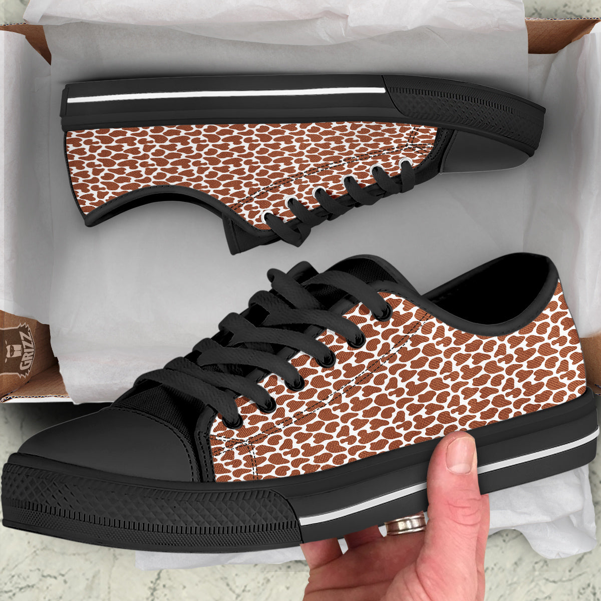Brown Chocolate And White Cow Print Black Low Top Shoes-grizzshop