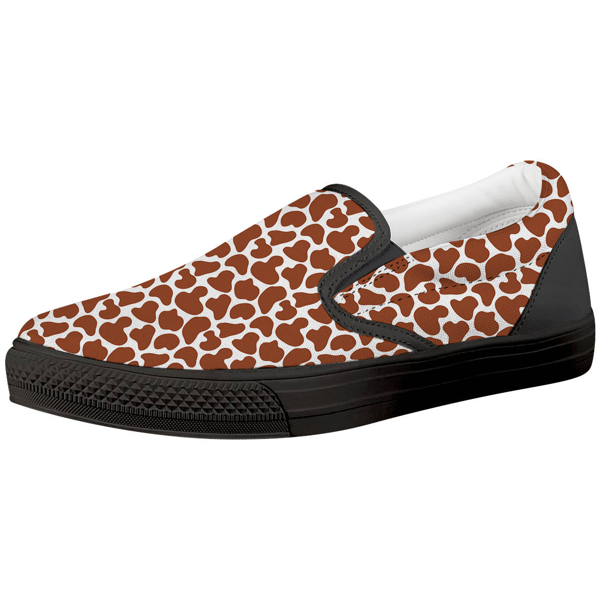 Brown Chocolate And White Cow Print Black Slip On Shoes-grizzshop