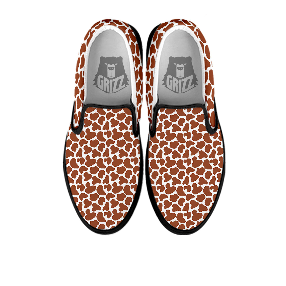 Brown Chocolate And White Cow Print Black Slip On Shoes-grizzshop
