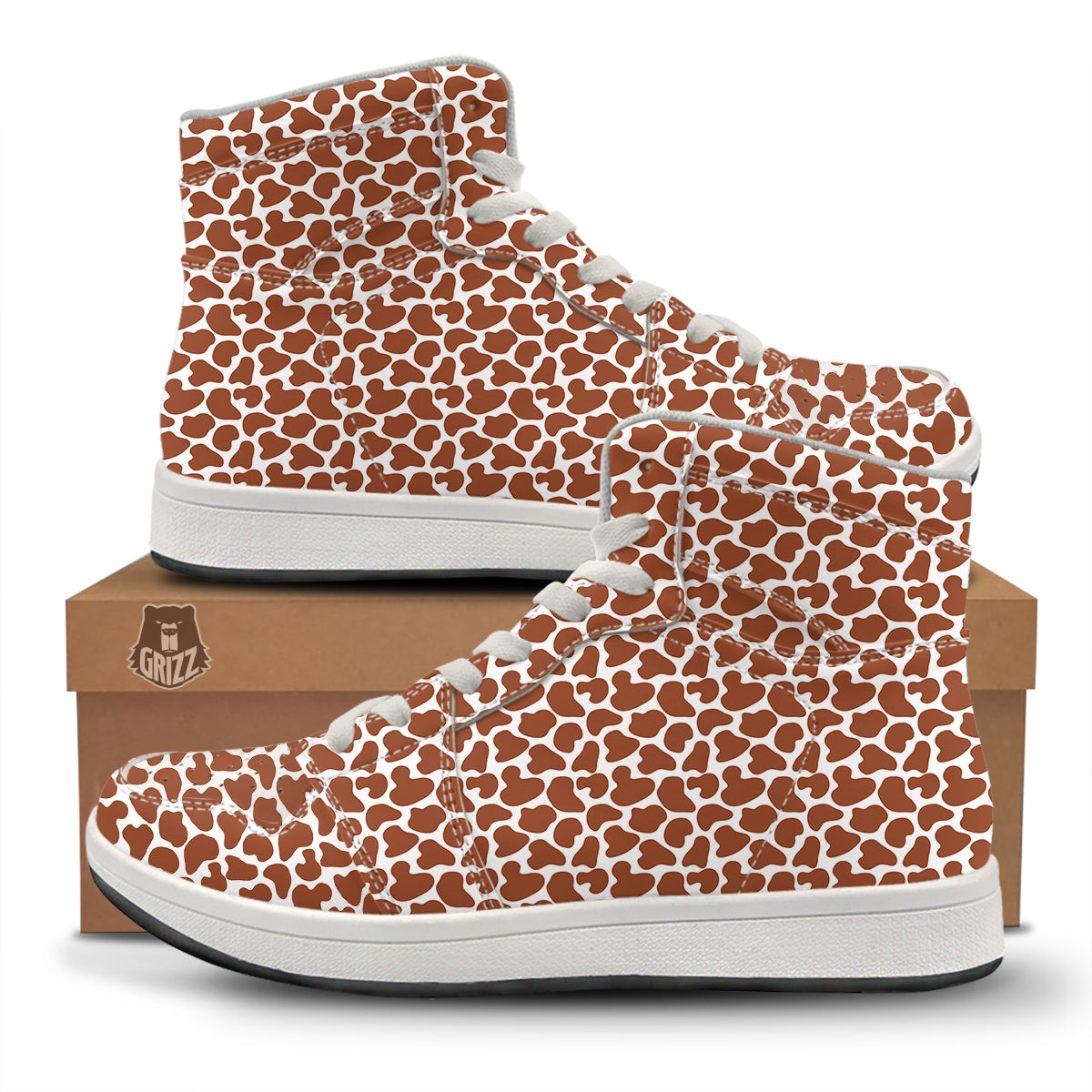 Brown Chocolate And White Cow Print High Top Sneakers-grizzshop