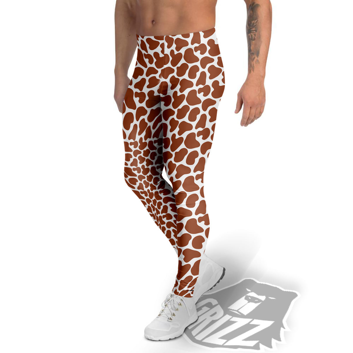 Brown Chocolate And White Cow Print Men's Leggings-grizzshop