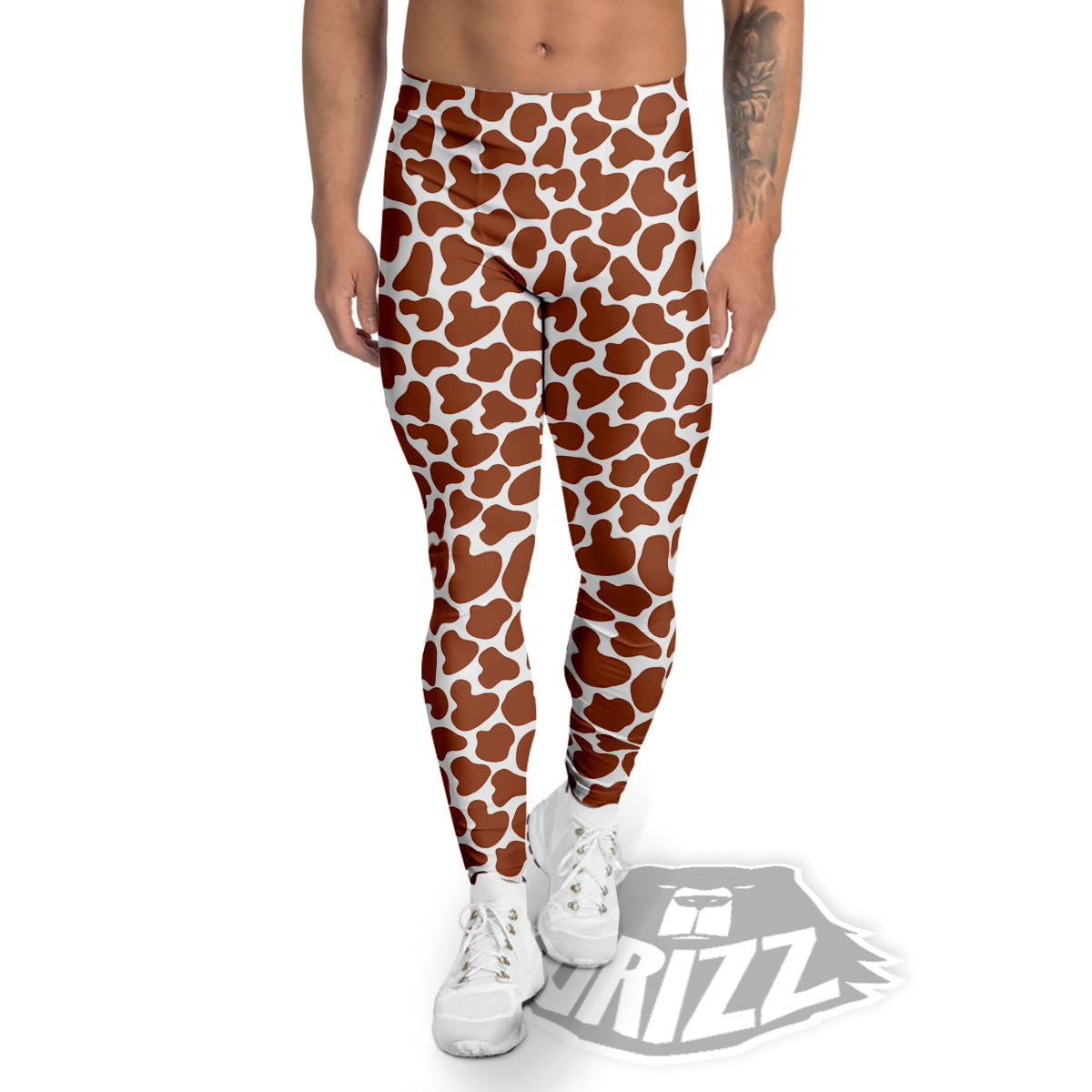 Brown Chocolate And White Cow Print Men's Leggings-grizzshop