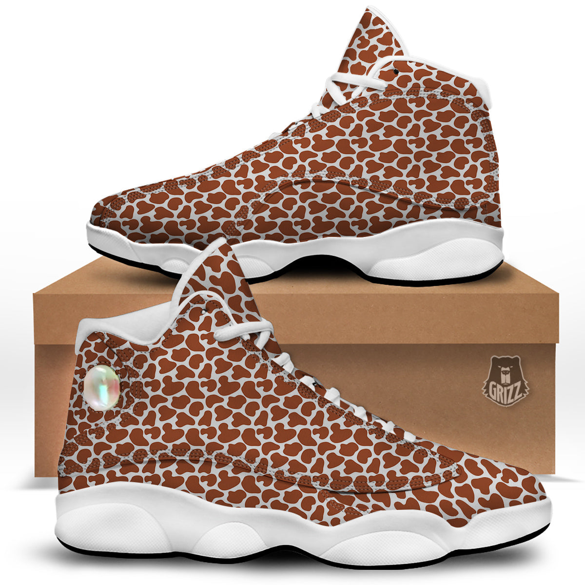 Brown Chocolate And White Cow Print White Basketball Shoes-grizzshop