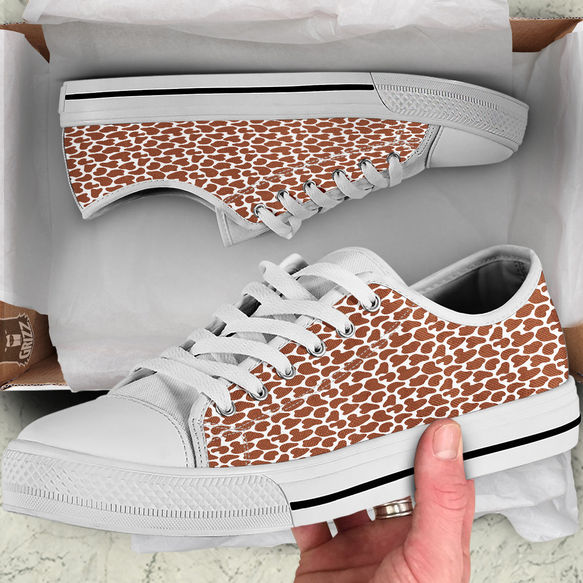 Brown Chocolate And White Cow Print White Low Top Shoes-grizzshop
