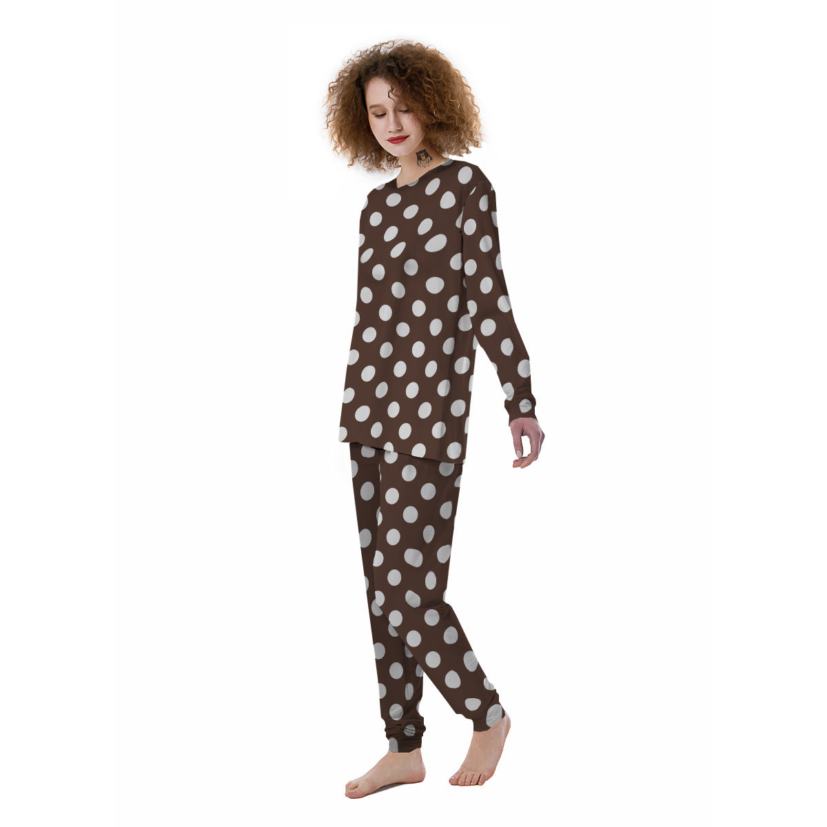 Brown Color Polka Dot Print Pattern Women's Pajamas-grizzshop