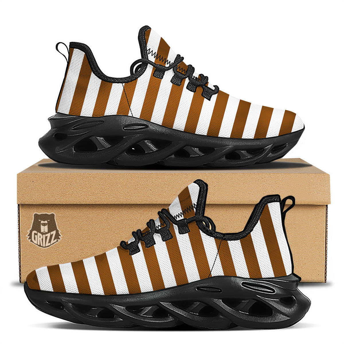 Brown Color Striped Print Black Running Shoes-grizzshop