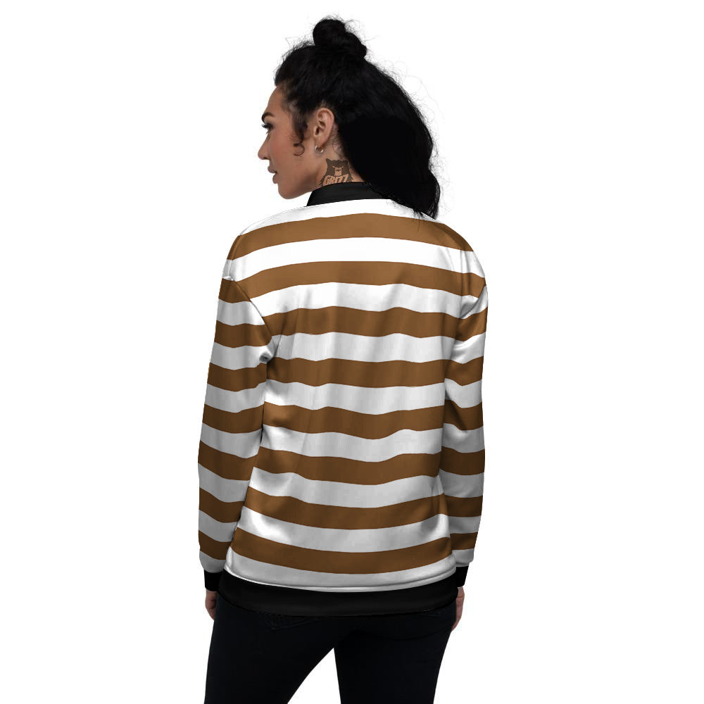Brown Color Striped Print Women's Bomber Jacket-grizzshop