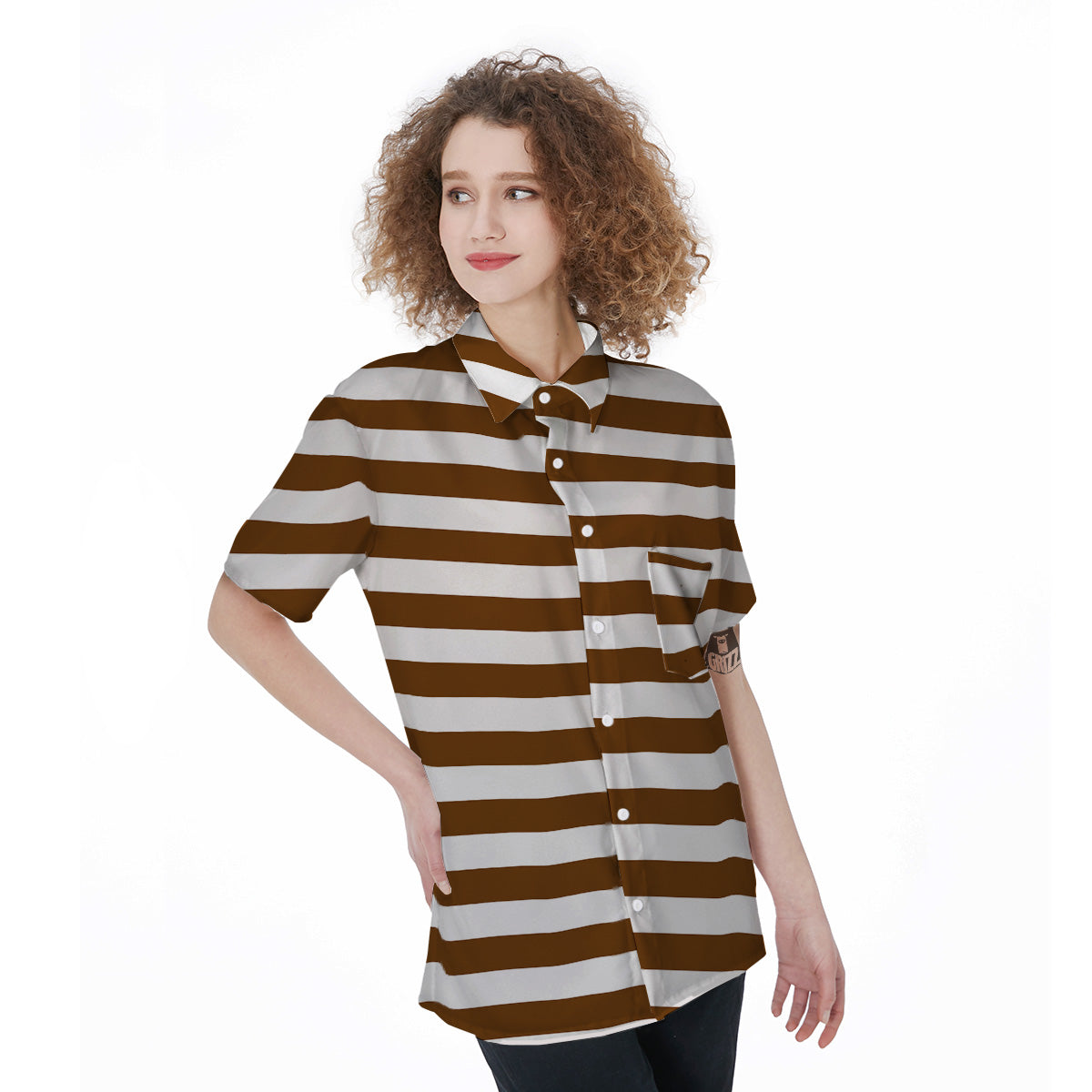 Brown Color Striped Print Women's Short Sleeve Shirts-grizzshop