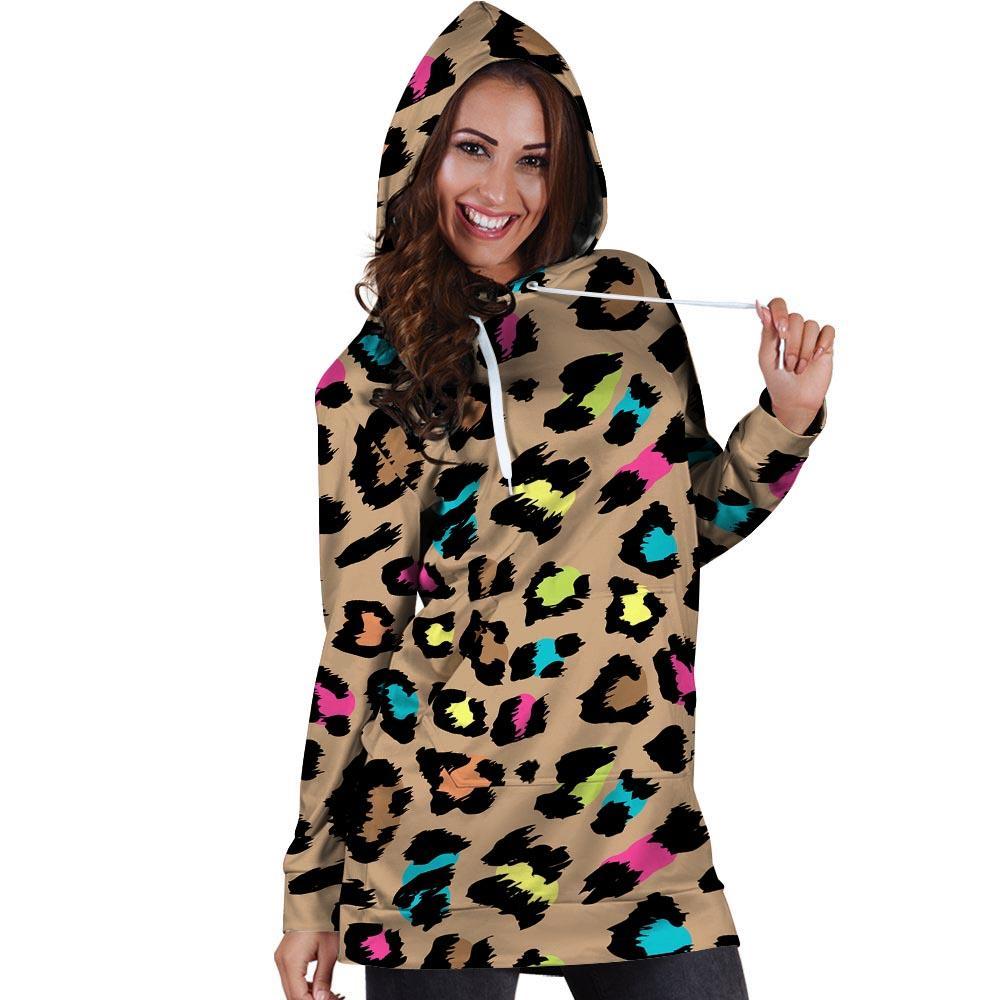 Brown Colorful Cheetah Print Hoodie Dress-grizzshop