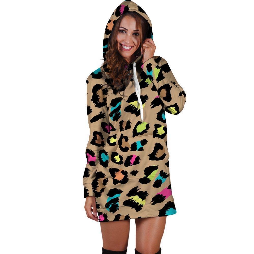 Brown Colorful Cheetah Print Hoodie Dress-grizzshop