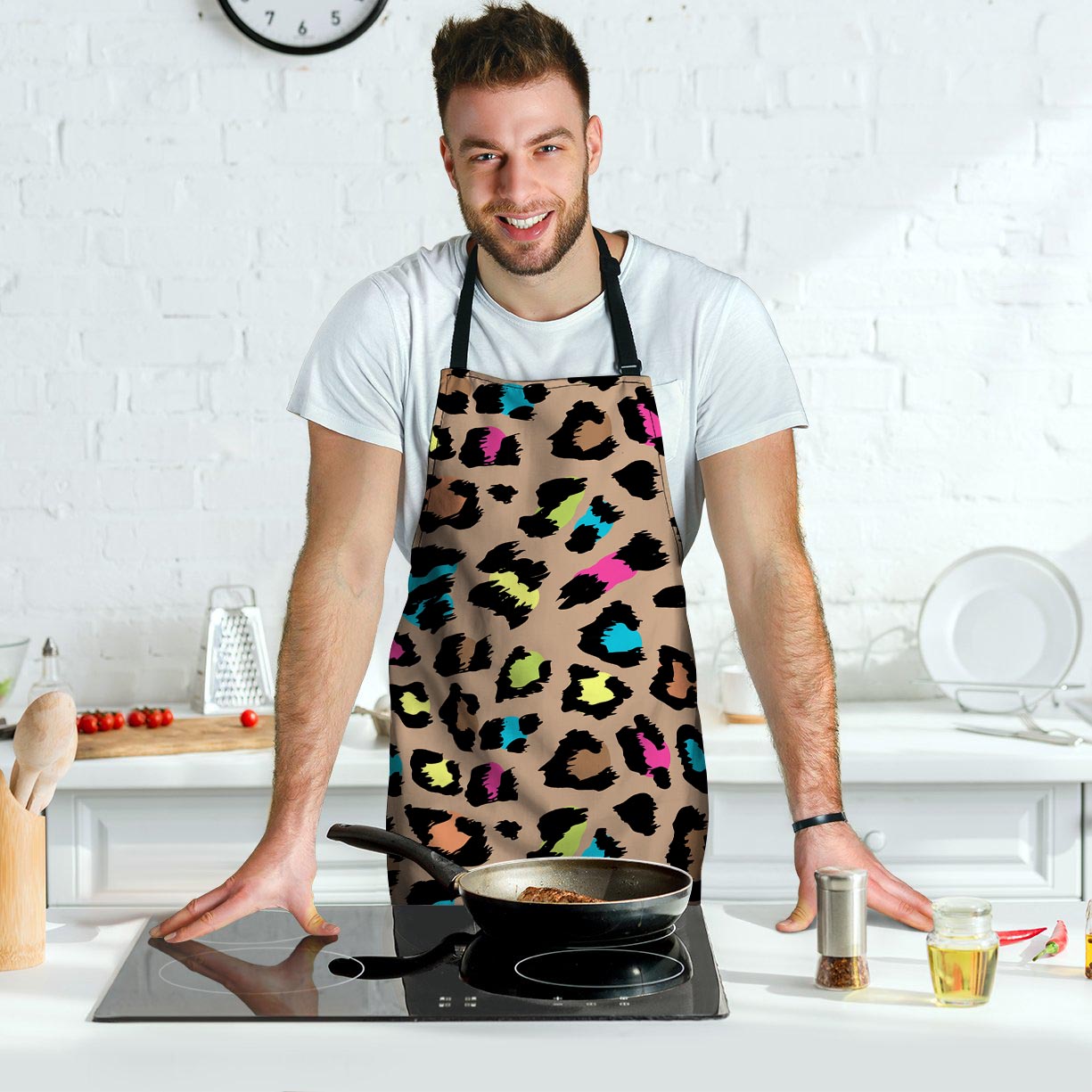 Brown Colorful Cheetah Print Men's Apron-grizzshop