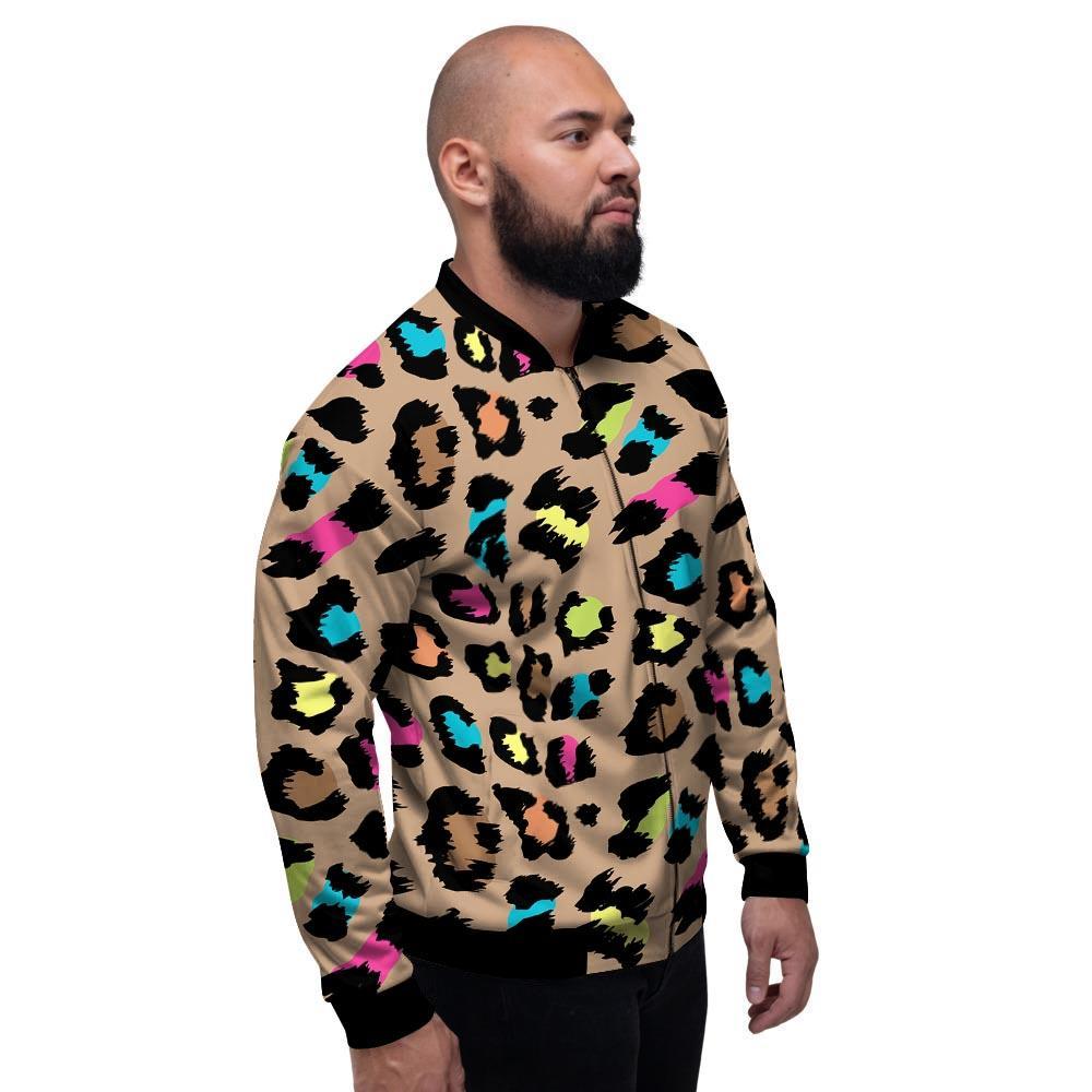 Brown Colorful Cheetah Print Men's Bomber Jacket-grizzshop