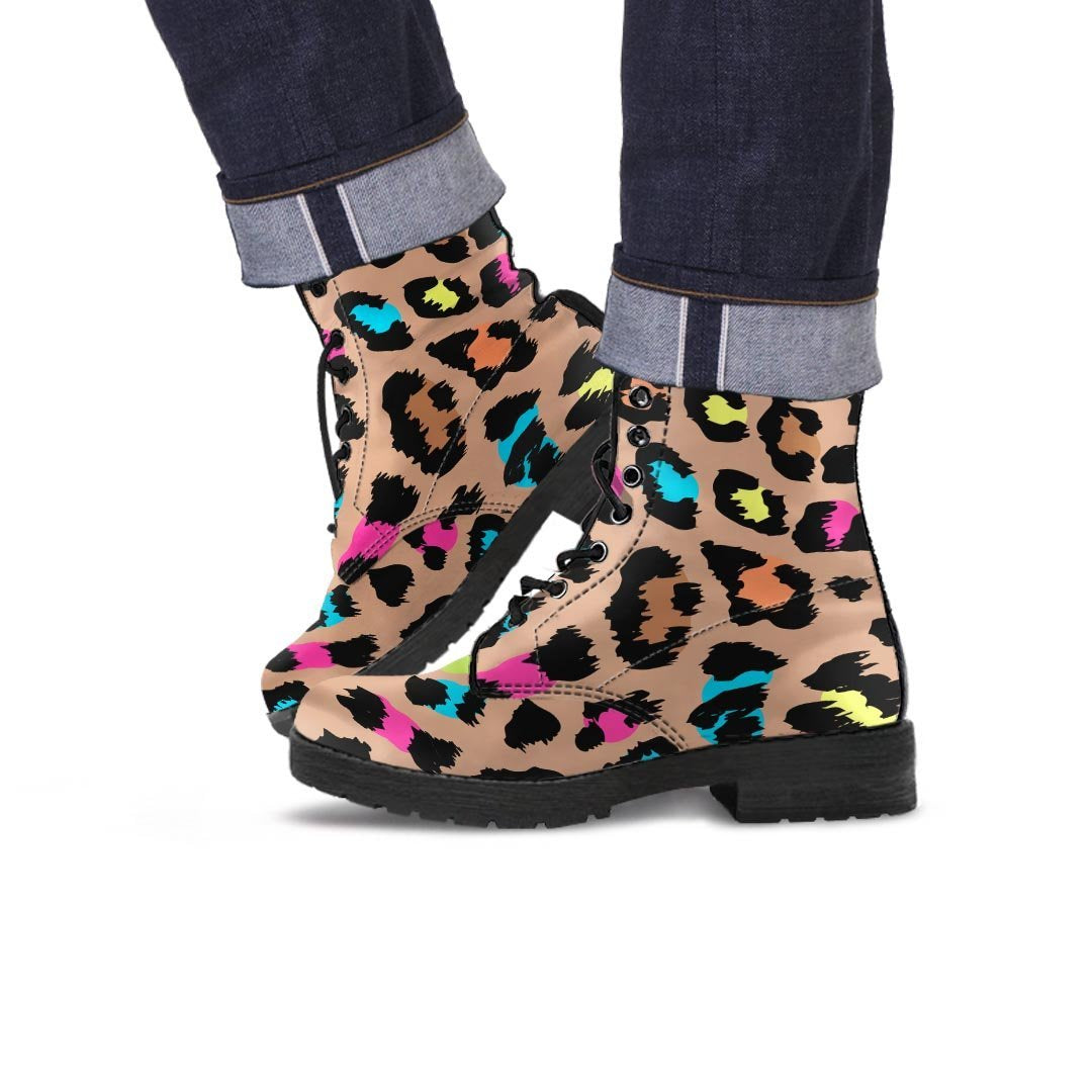 Brown Colorful Cheetah Print Men's Boots-grizzshop