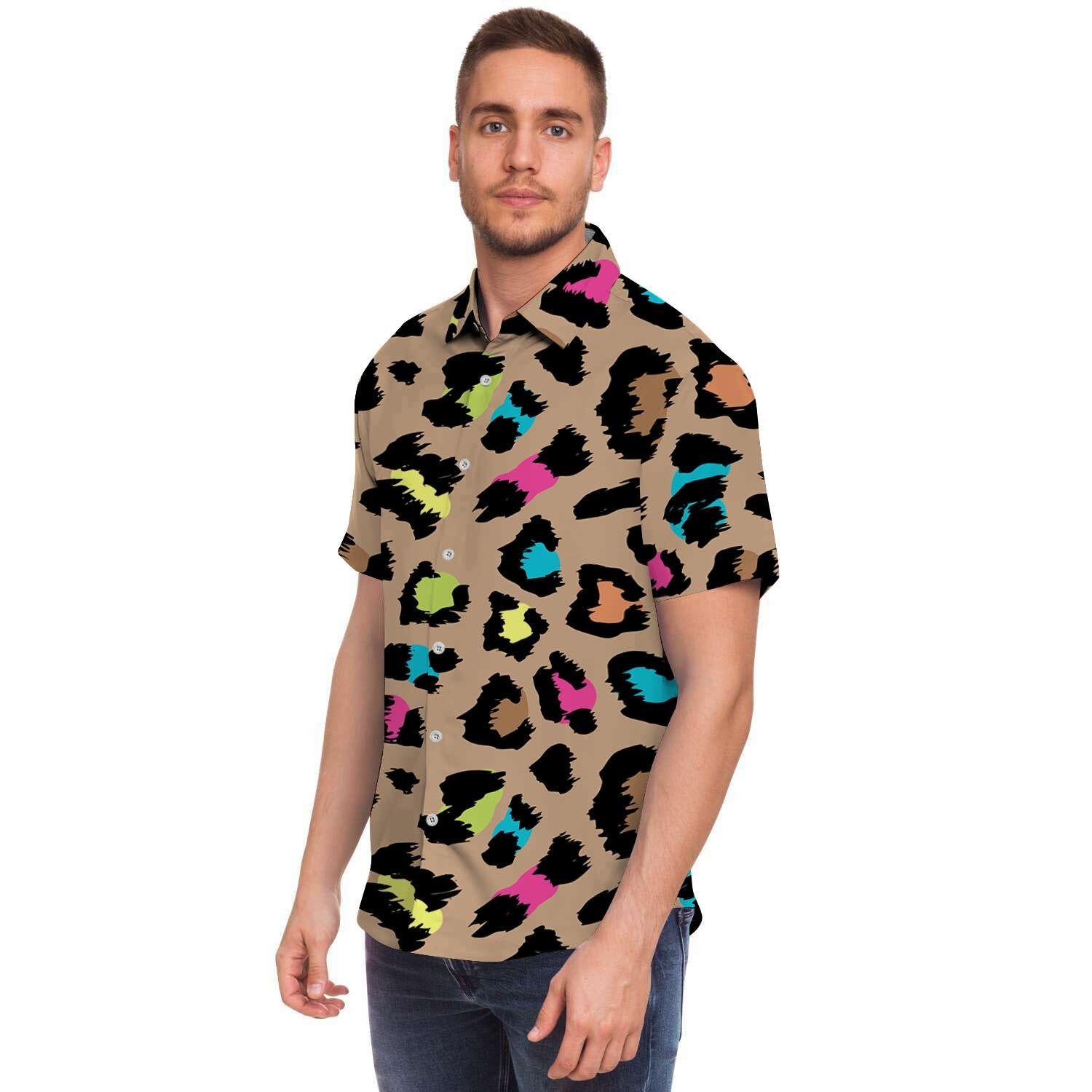 Brown Colorful Cheetah Print Men's Short Sleeve Shirt-grizzshop