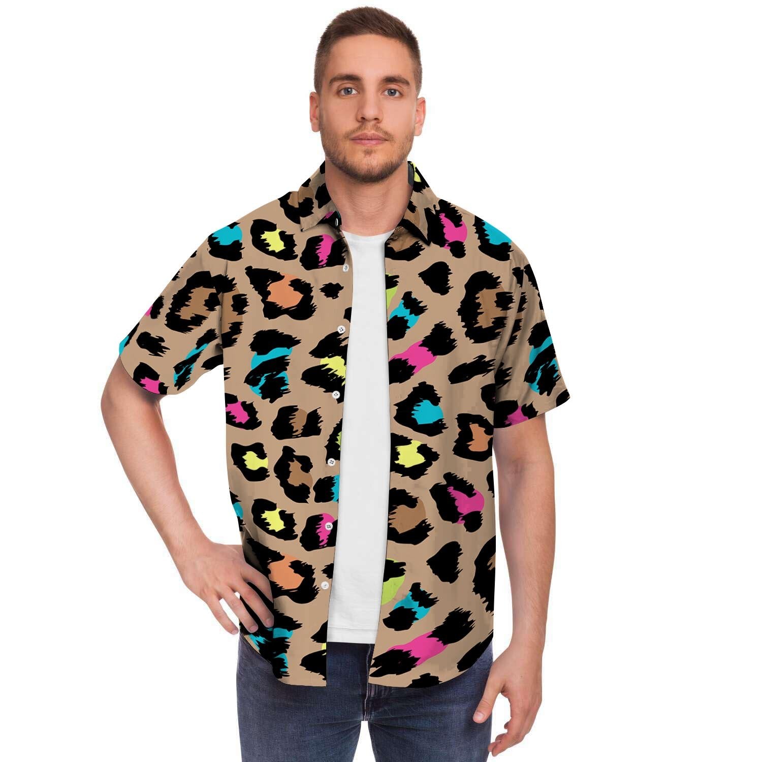 Brown Colorful Cheetah Print Men's Short Sleeve Shirt-grizzshop
