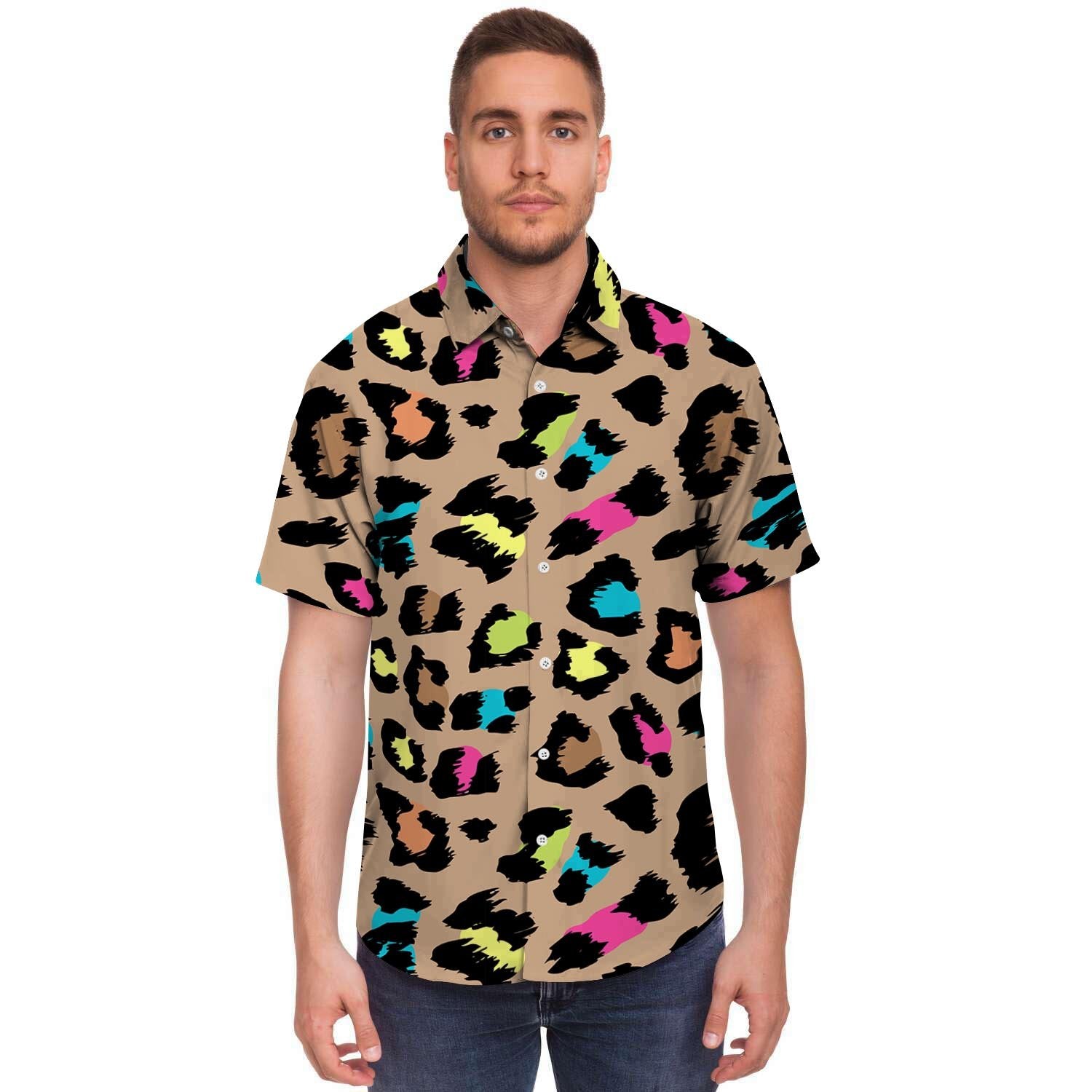 Brown Colorful Cheetah Print Men's Short Sleeve Shirt-grizzshop