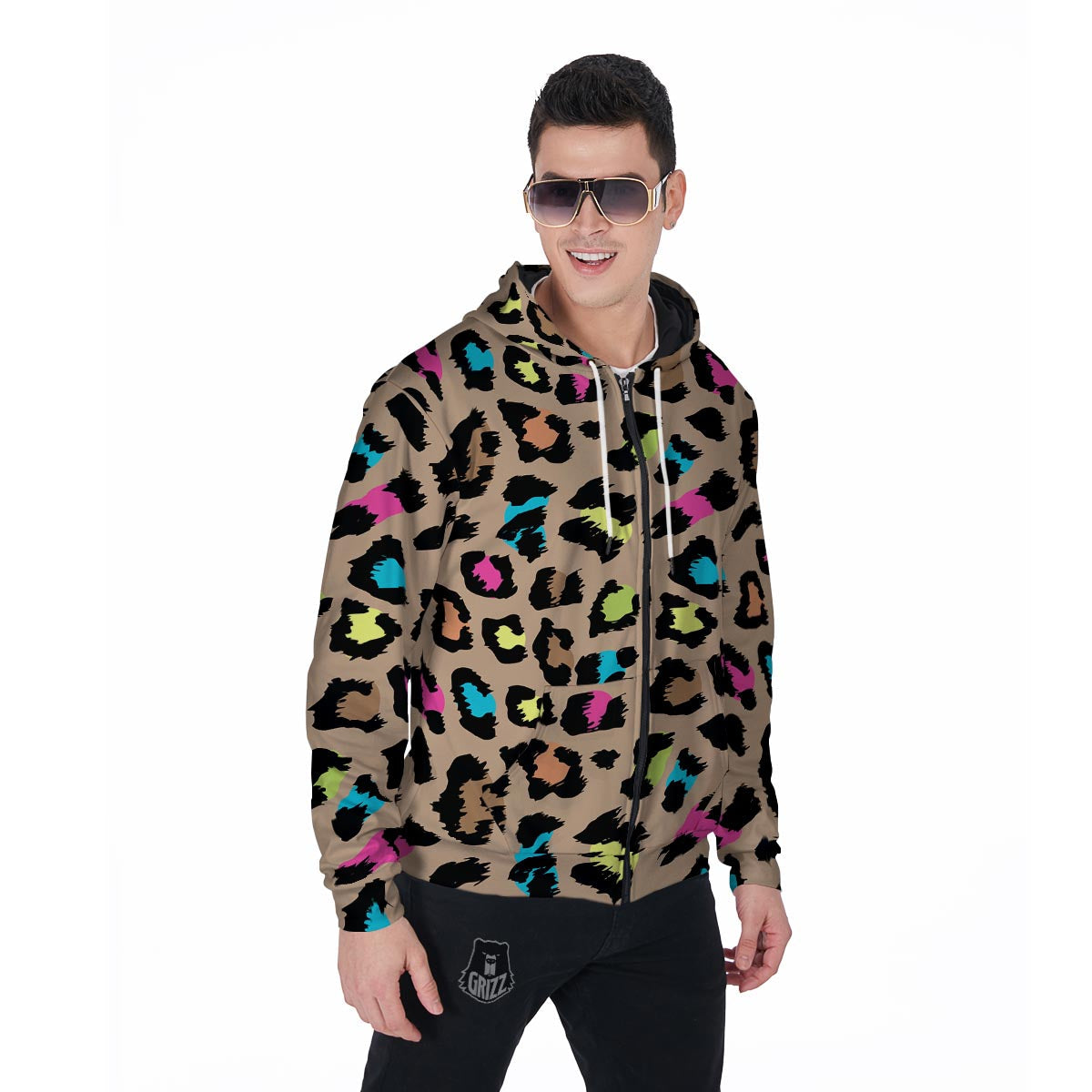 Brown Colorful Cheetah Print Men's Zip Up Hoodie-grizzshop