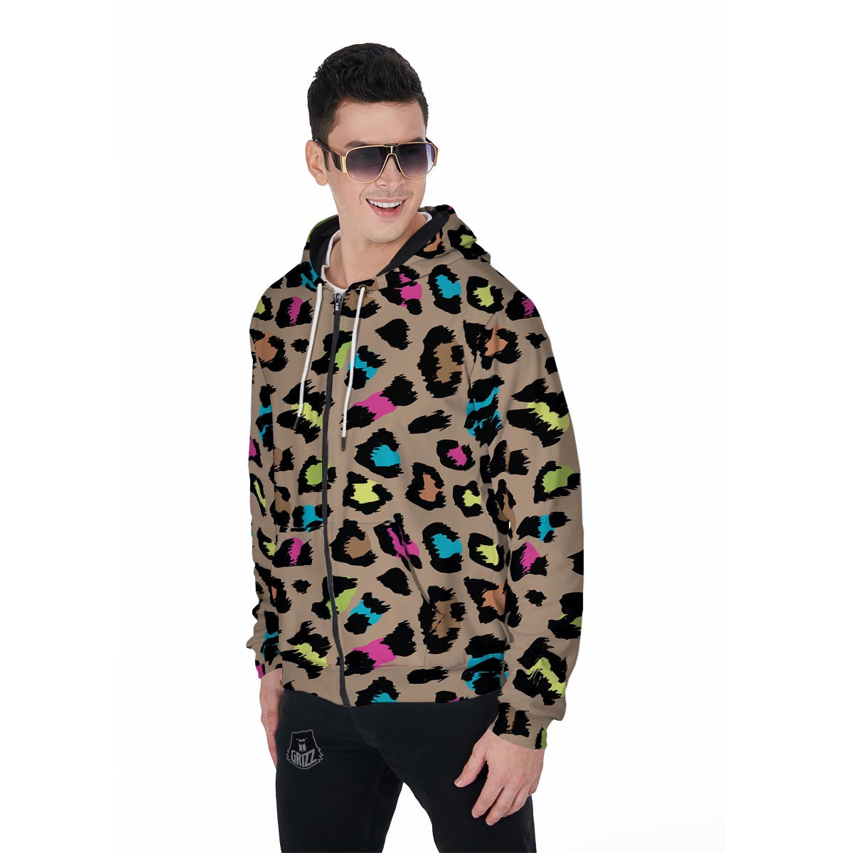 Brown Colorful Cheetah Print Men's Zip Up Hoodie-grizzshop