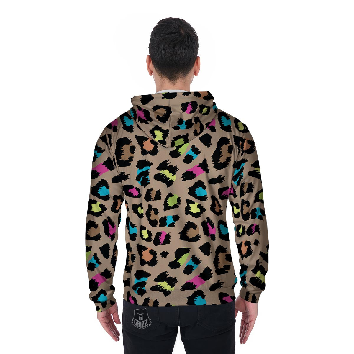 Brown Colorful Cheetah Print Men's Zip Up Hoodie-grizzshop