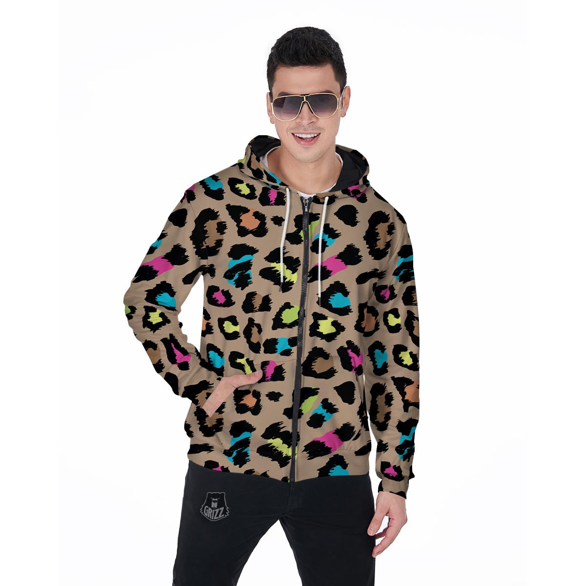 Brown Colorful Cheetah Print Men's Zip Up Hoodie-grizzshop