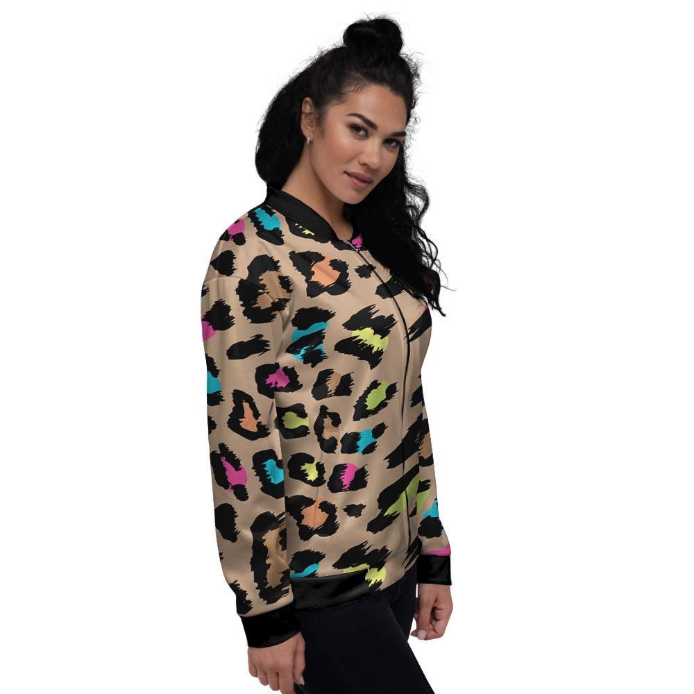 Brown Colorful Cheetah Print Women's Bomber Jacket-grizzshop