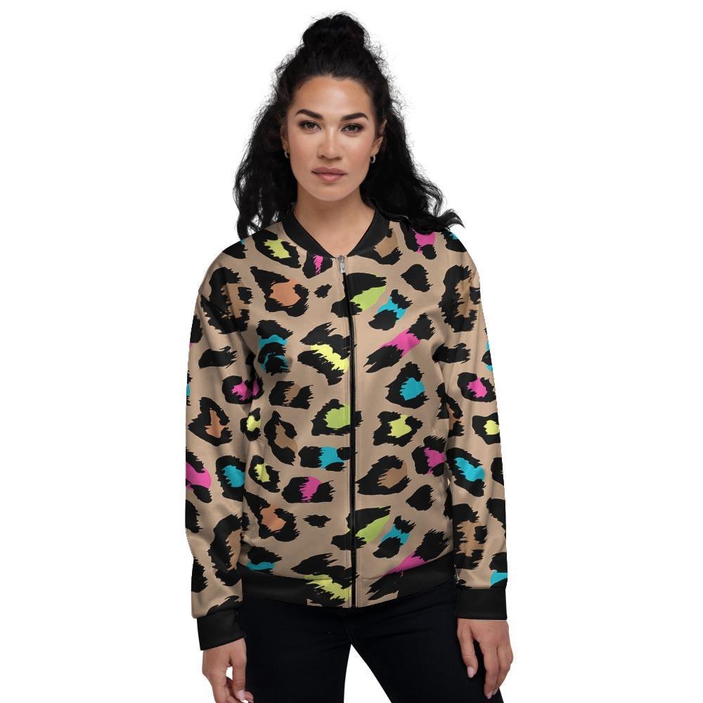 Brown Colorful Cheetah Print Women's Bomber Jacket-grizzshop