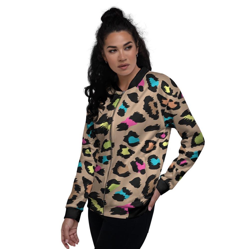 Brown Colorful Cheetah Print Women's Bomber Jacket-grizzshop