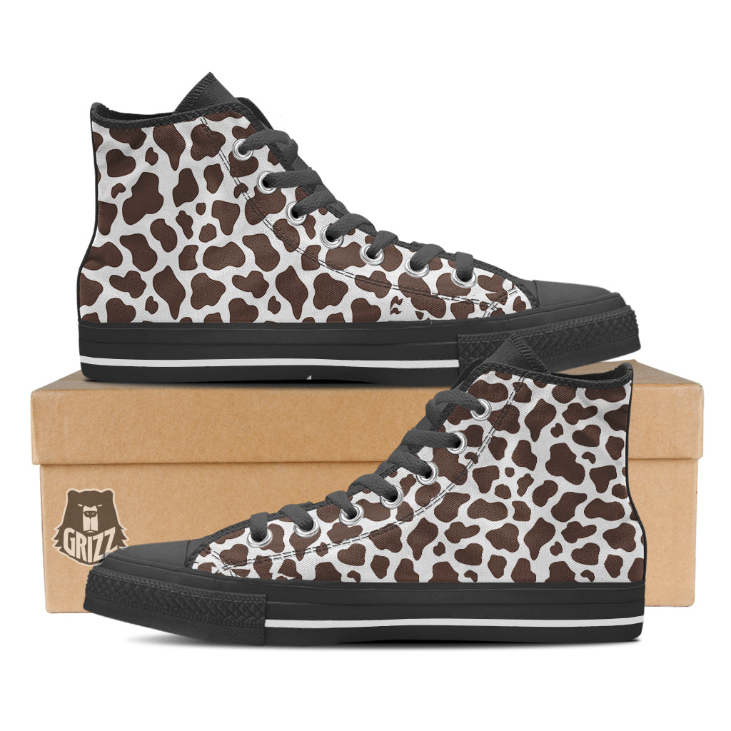 Brown Cow Print Pattern Black High Top Shoes-grizzshop