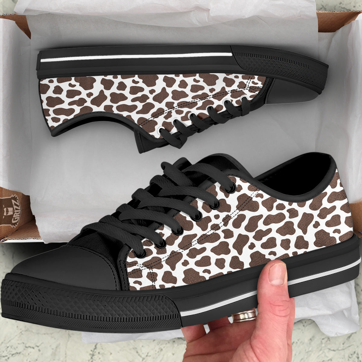 Brown Cow Print Pattern Black Low Top Shoes-grizzshop