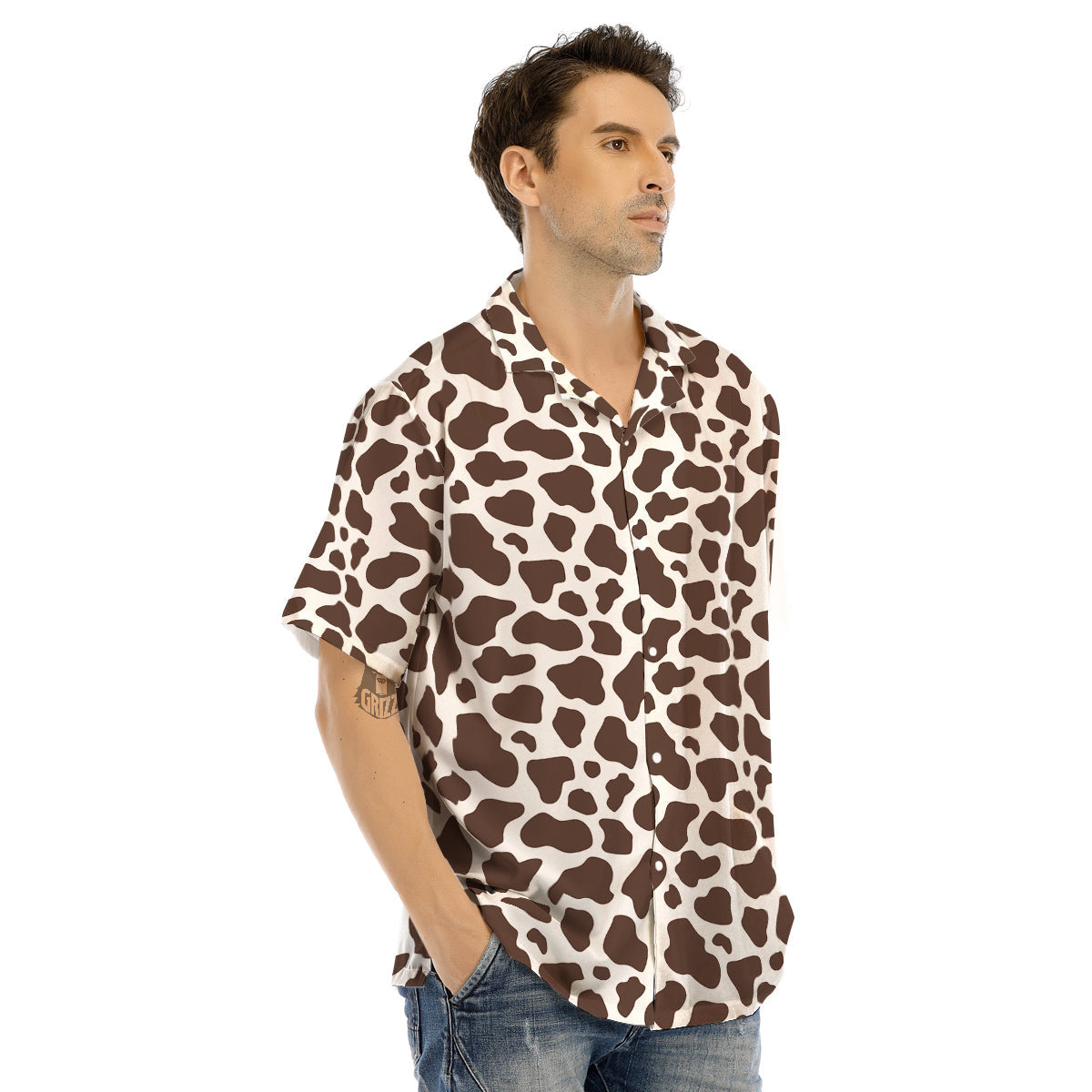 Brown Cow Print Pattern Men’s Hawaiian Shirt-grizzshop