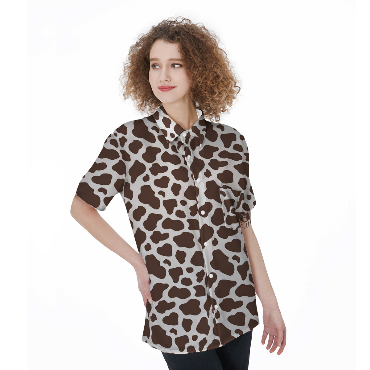 Brown Cow Print Pattern Women's Short Sleeve Shirts-grizzshop