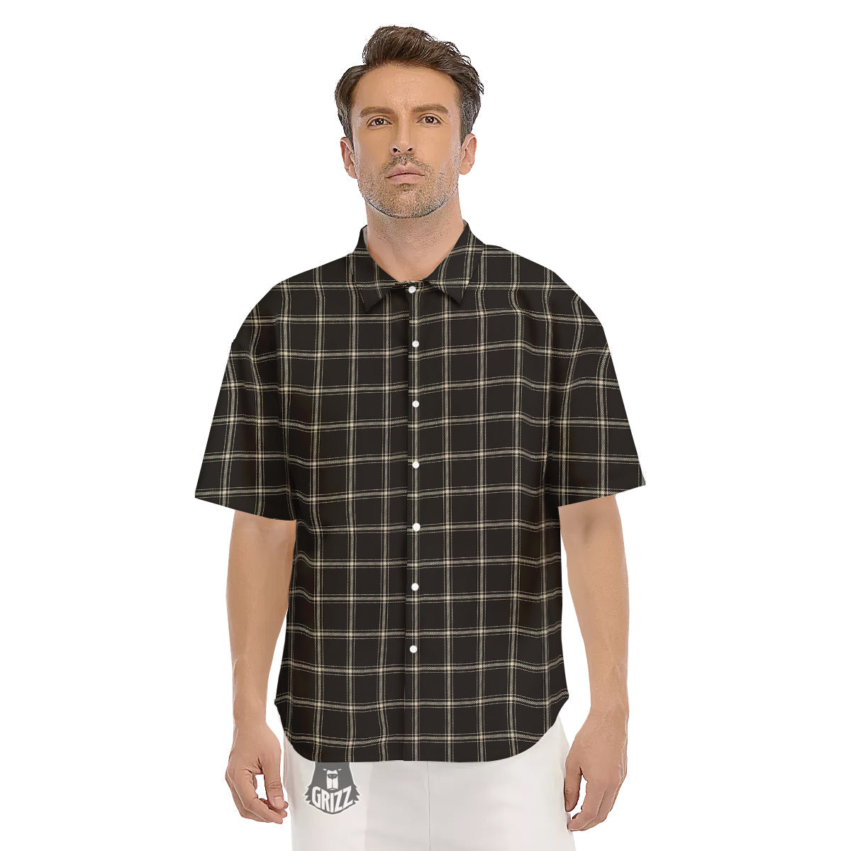 Brown Dark Check Print Pattern Men's Short Sleeve Shirts-grizzshop