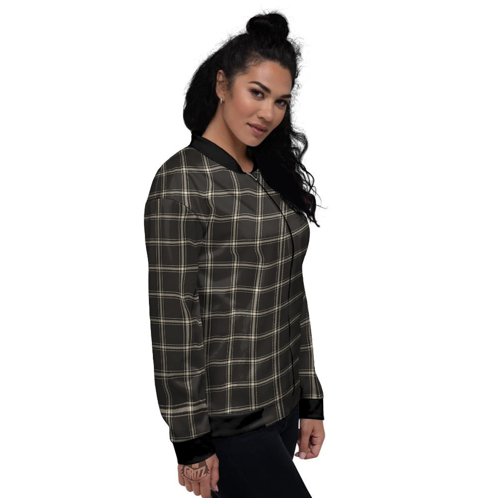 Brown Dark Check Print Pattern Women's Bomber Jacket-grizzshop