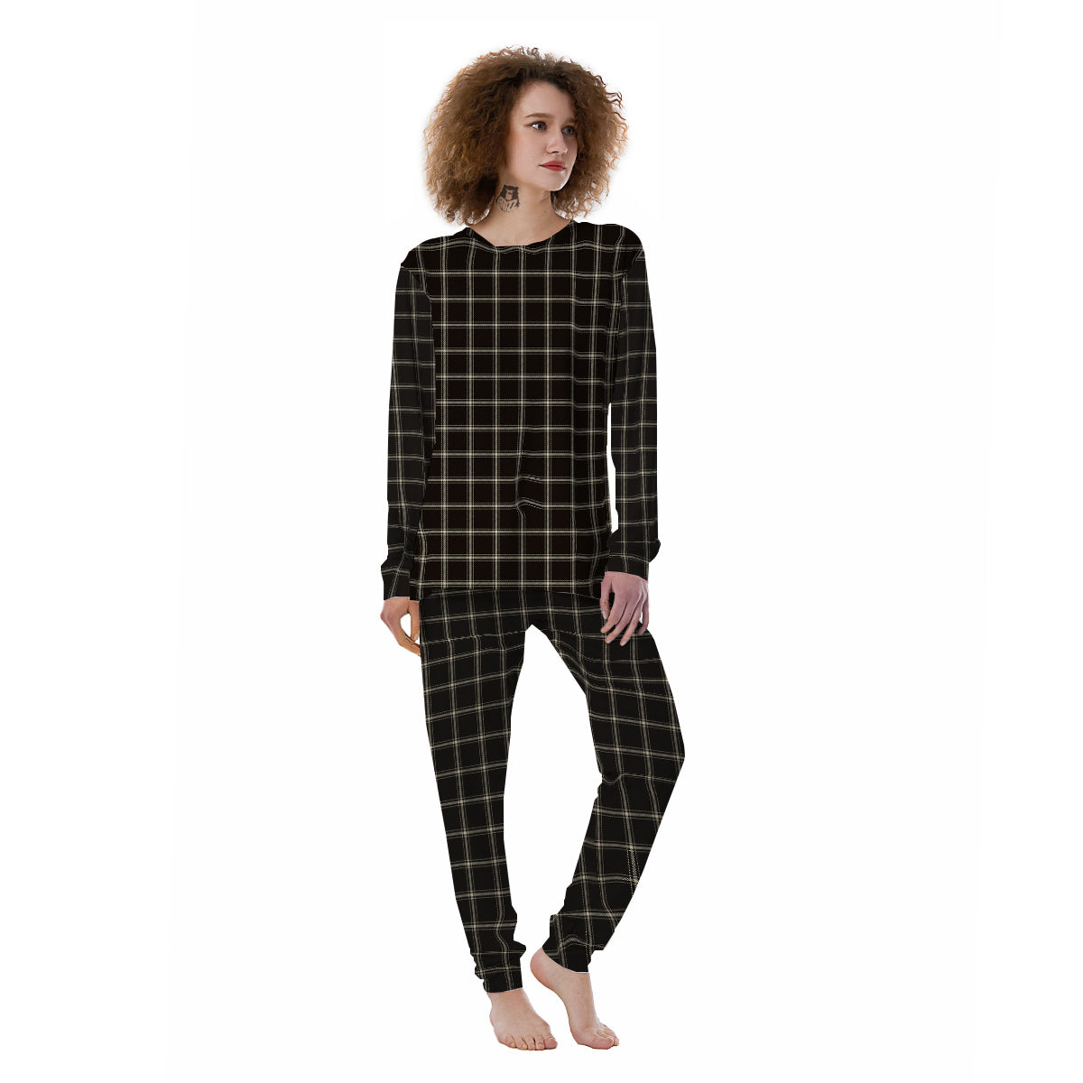 Brown Dark Check Print Pattern Women's Pajamas-grizzshop