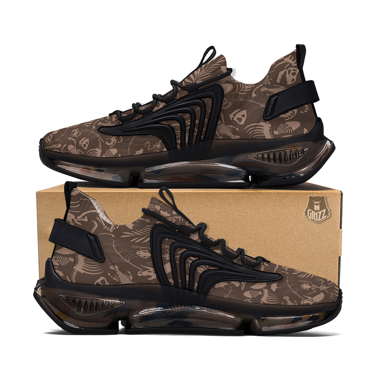 Brown Fossil Print Pattern Black Gym Shoes-grizzshop