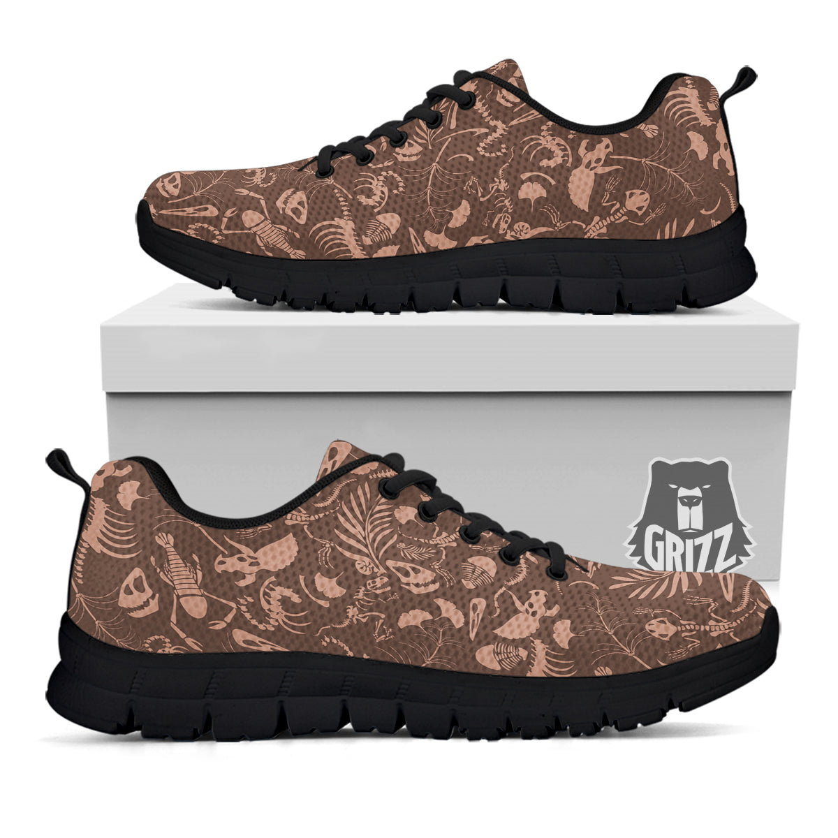 Brown Fossil Print Pattern Black Sneaker-grizzshop