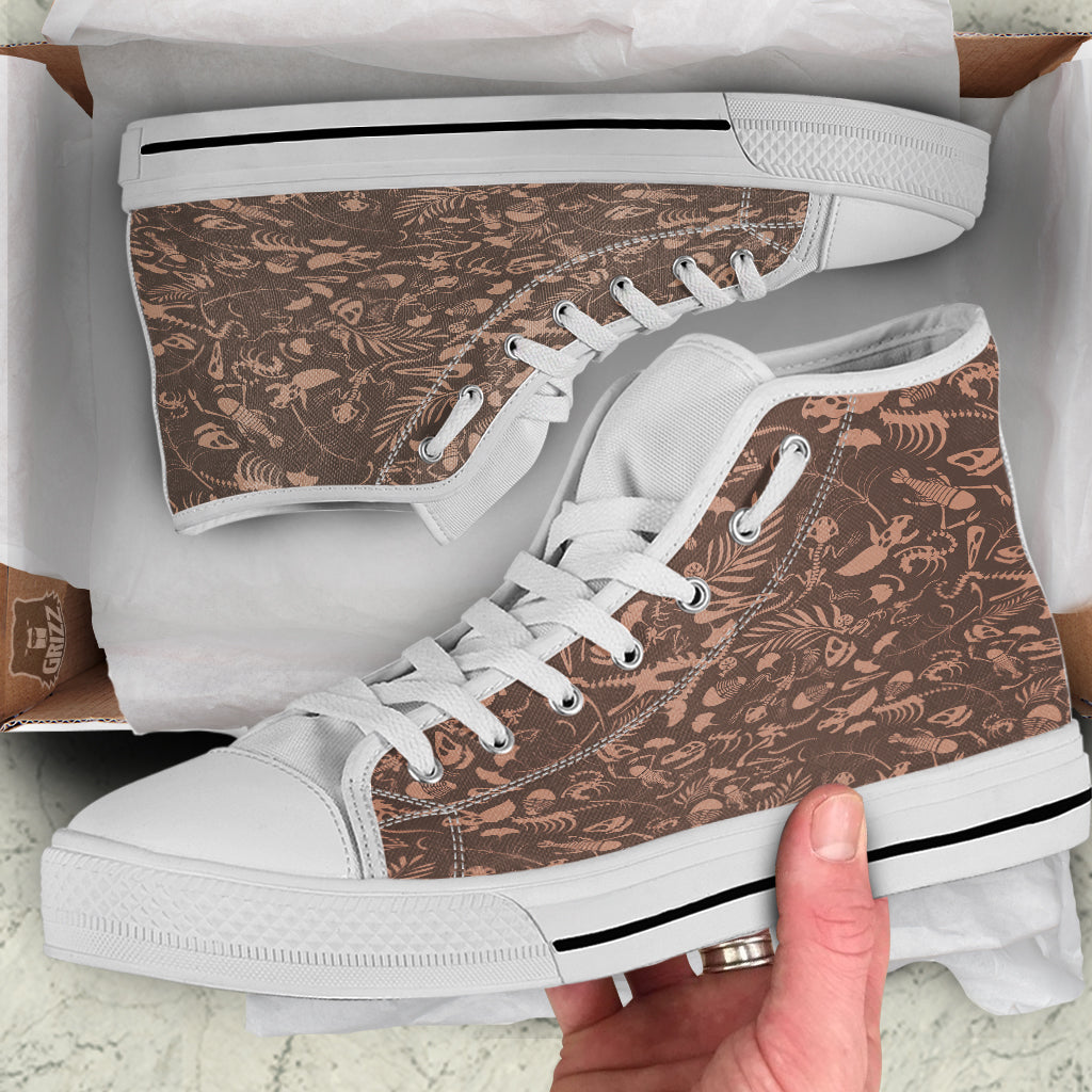 Brown Fossil Print Pattern White High Top Shoes-grizzshop