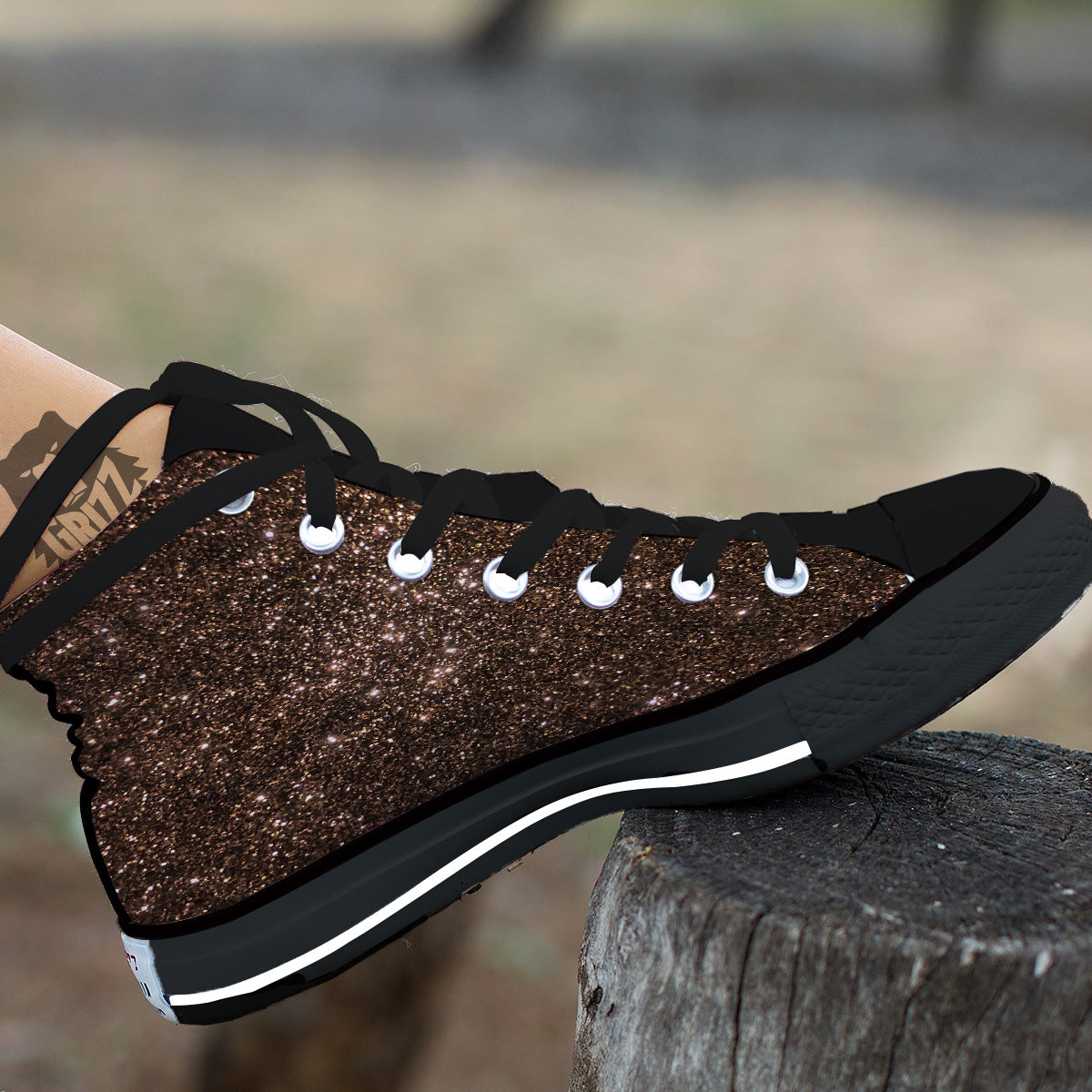 Brown Glitter Print Black High Top Shoes-grizzshop