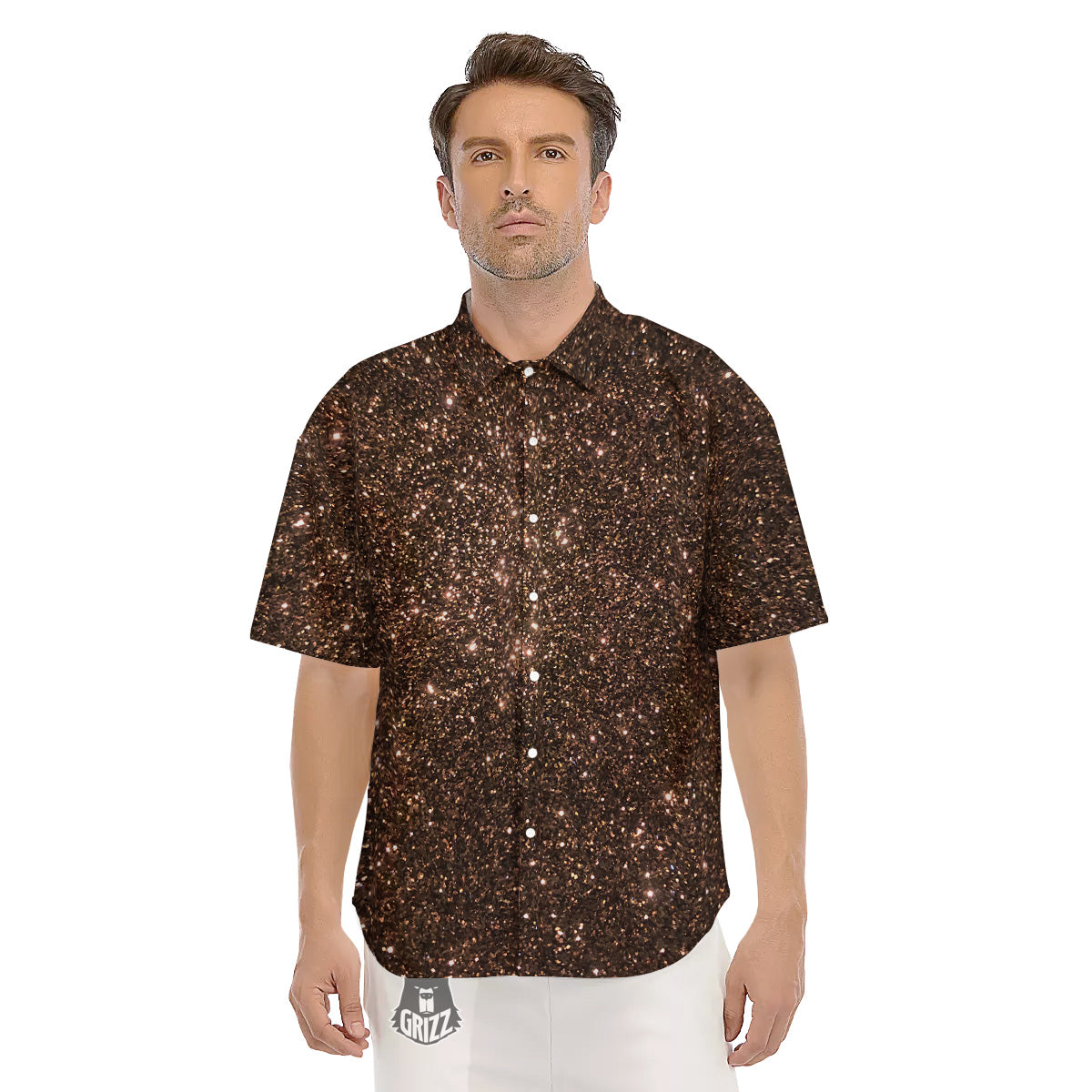 Brown Glitter Print Men's Short Sleeve Shirts-grizzshop